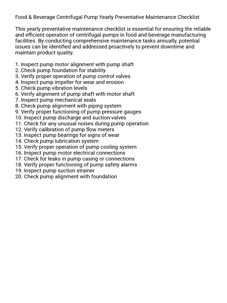 Food & Beverage Centrifugal Pump Yearly Preventative Maintenance