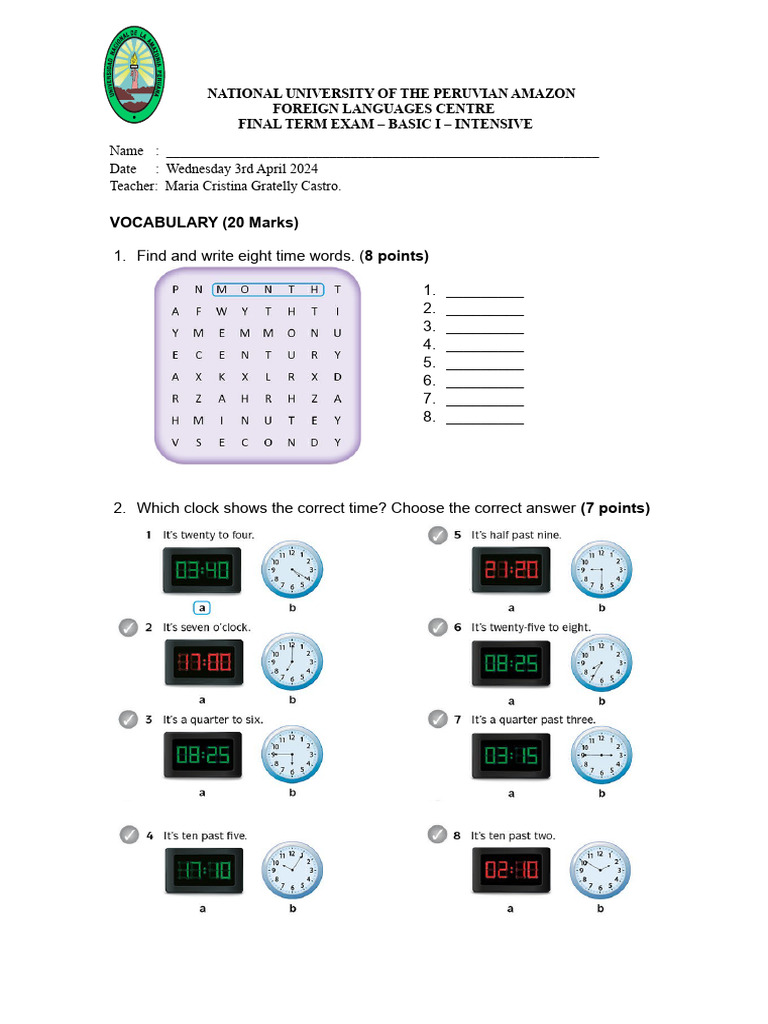 Final Term Exam Basic 1 | PDF | English Language | Language Mechanics