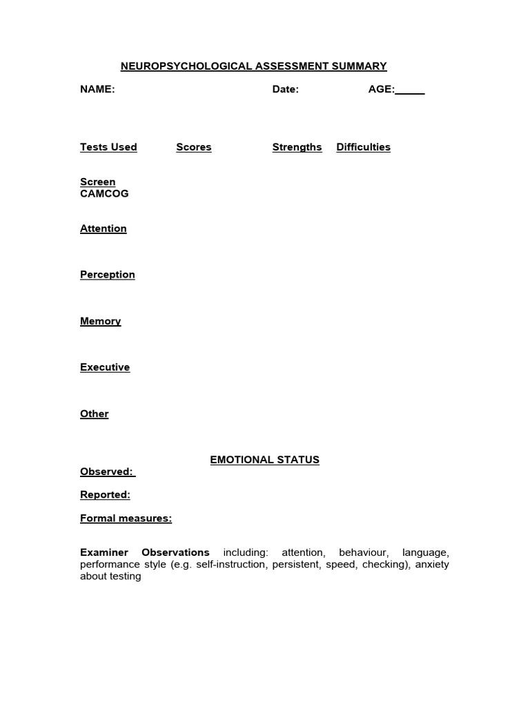 NEUROPSYCHOLOGICAL ASSESSMENT SUMMARY Combined - Clara 2021 | PDF ...