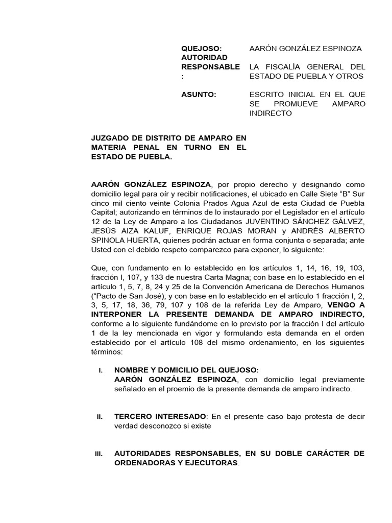 Demanda de Amparo Indirecto en Puebla | PDF | Derecho Constitucional ...