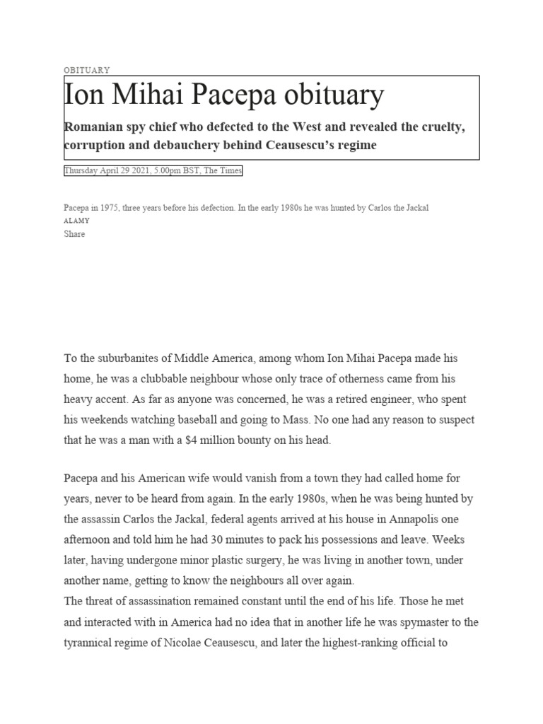 Ion Mihai Pacepa: Romanian Spy Defector | PDF