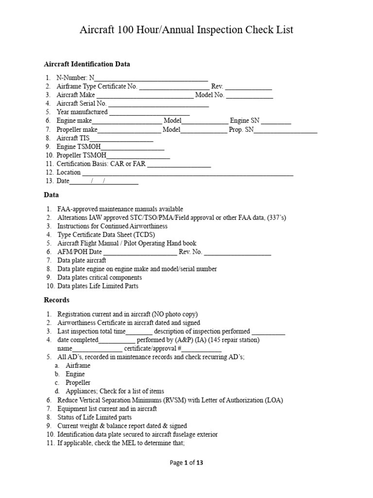 Aircraft 100 Hour Inspection Checklist | PDF | Electrical Connector ...