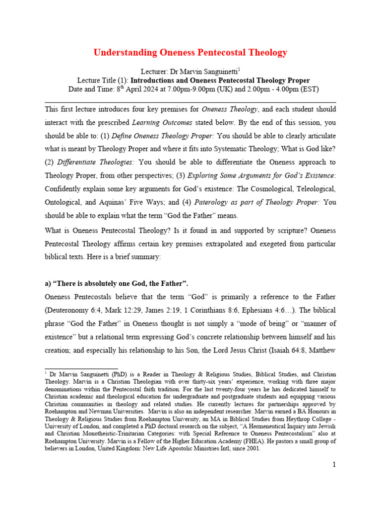 Lecture 1 Introductions Oneness Theology Proper Notes Pdf