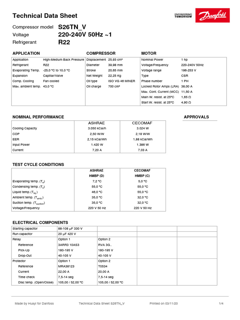 Danfoss S26TN V R22 220 50 | PDF | Capacitor | Mechanical Engineering