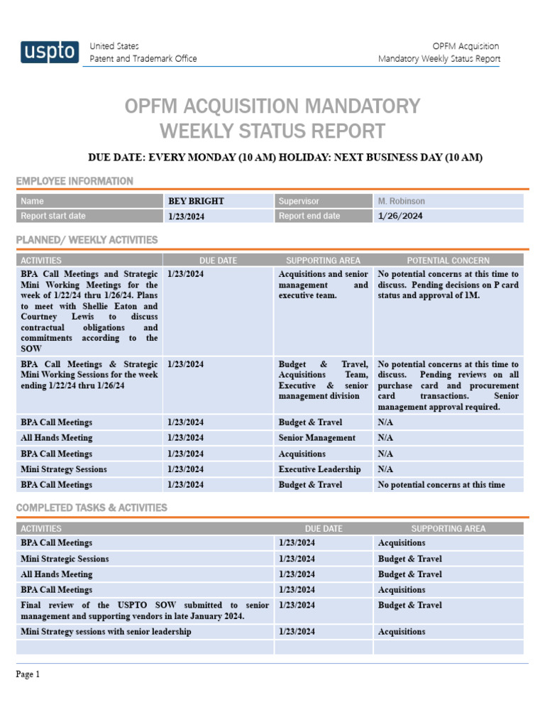 Newly Revised OPFM Weekly Status Report Template Draft Fillable 01 PDF United States