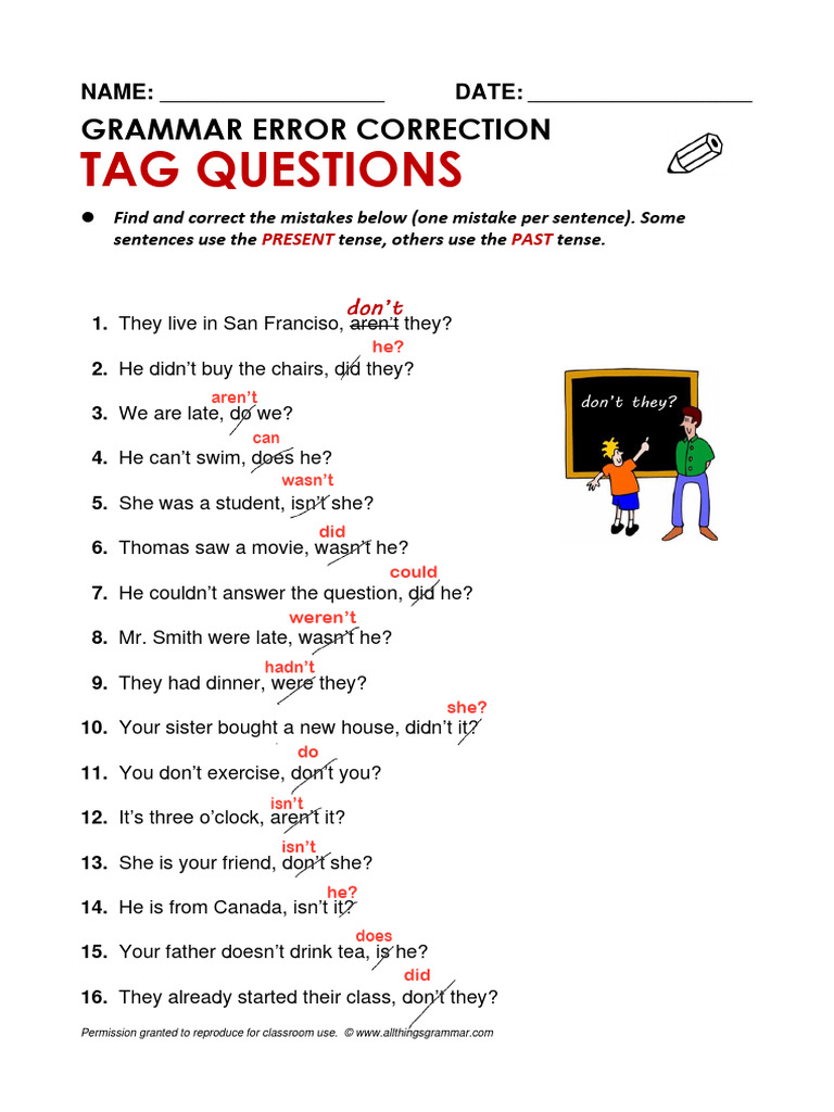 Tag Questions Grammar Correction Exercise | PDF | Language Arts ...