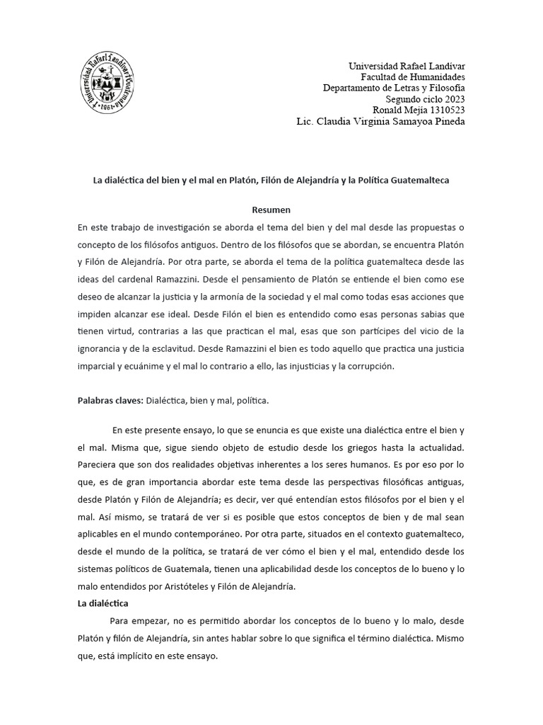 Ensayo Dialéctica Del Bien Y El Mal Platón Filón Y Guatemala Pdf