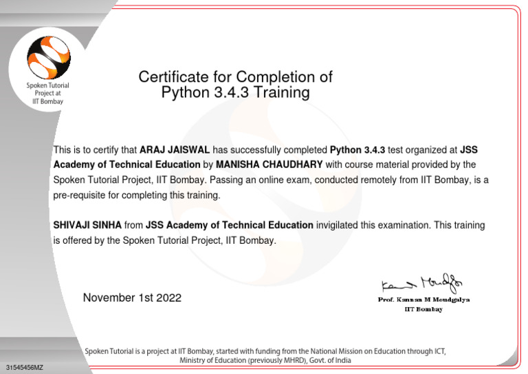 Python 3.4.3 Training Certificate | PDF