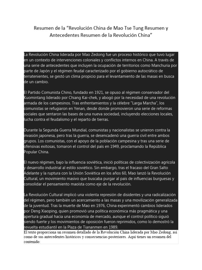 Resumen de la Revolución China de Mao | PDF | Mao Zedong | Guerra civil ...