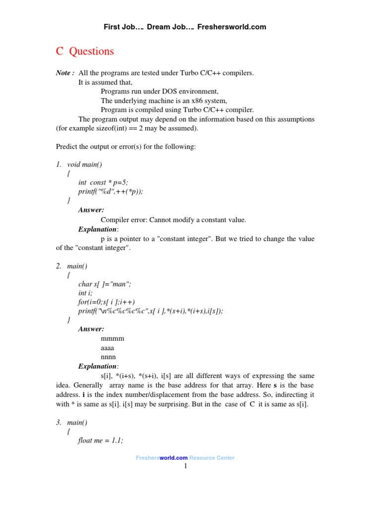 C Programming Output Predictions | PDF | Pointer (Computer Programming ...