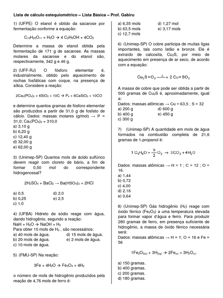 Exercícios de Cálculo Estequiométrico | PDF | Mol (unidade) | Ácido ...