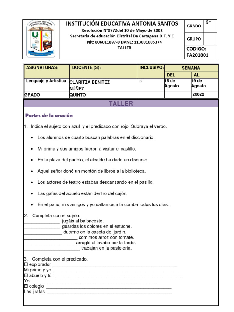 Taller de Lenguaje para Quinto Grado | PDF | Mecánica del lenguaje ...