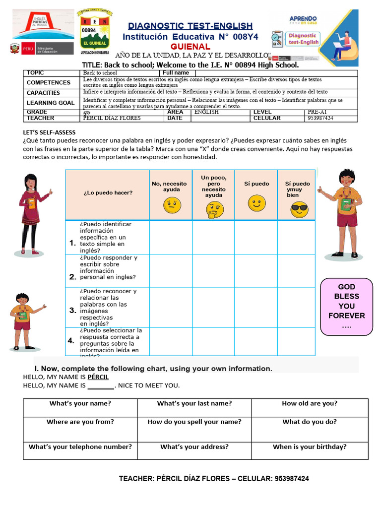 INGLES 5° Evaluación Diagnóstica | PDF | Idiomas del Reino Unido