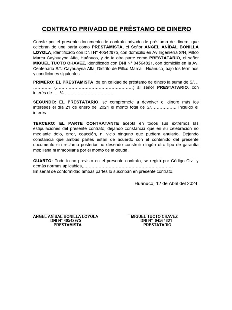 Contrato de Préstamo de Dinero Huánuco | PDF | Derecho