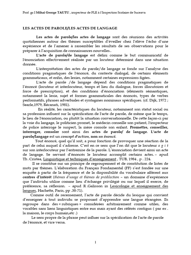 Définition et Classification des Actes de Parole | PDF | Sémiotique ...