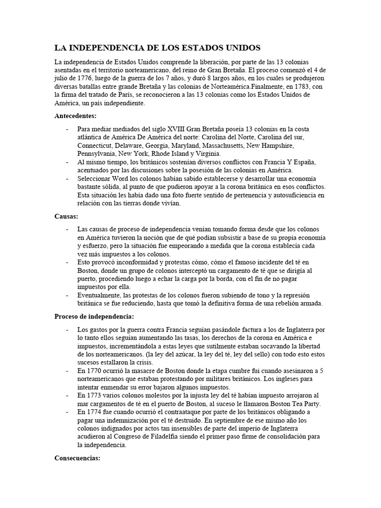 La Independencia de Los Estados Unidos | PDF | Guerra revolucionaria ...