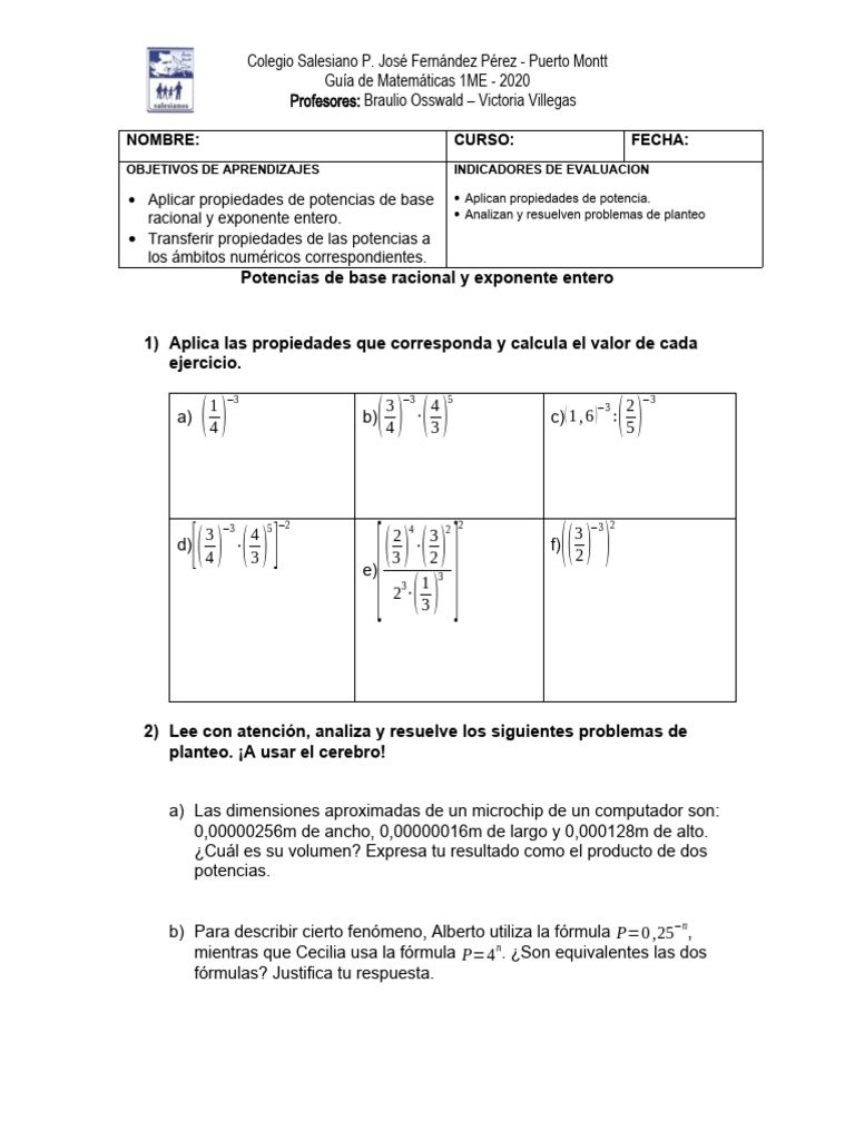 Guía 1ME - Potencias Con Base Racional y Exponente Entero | PDF ...