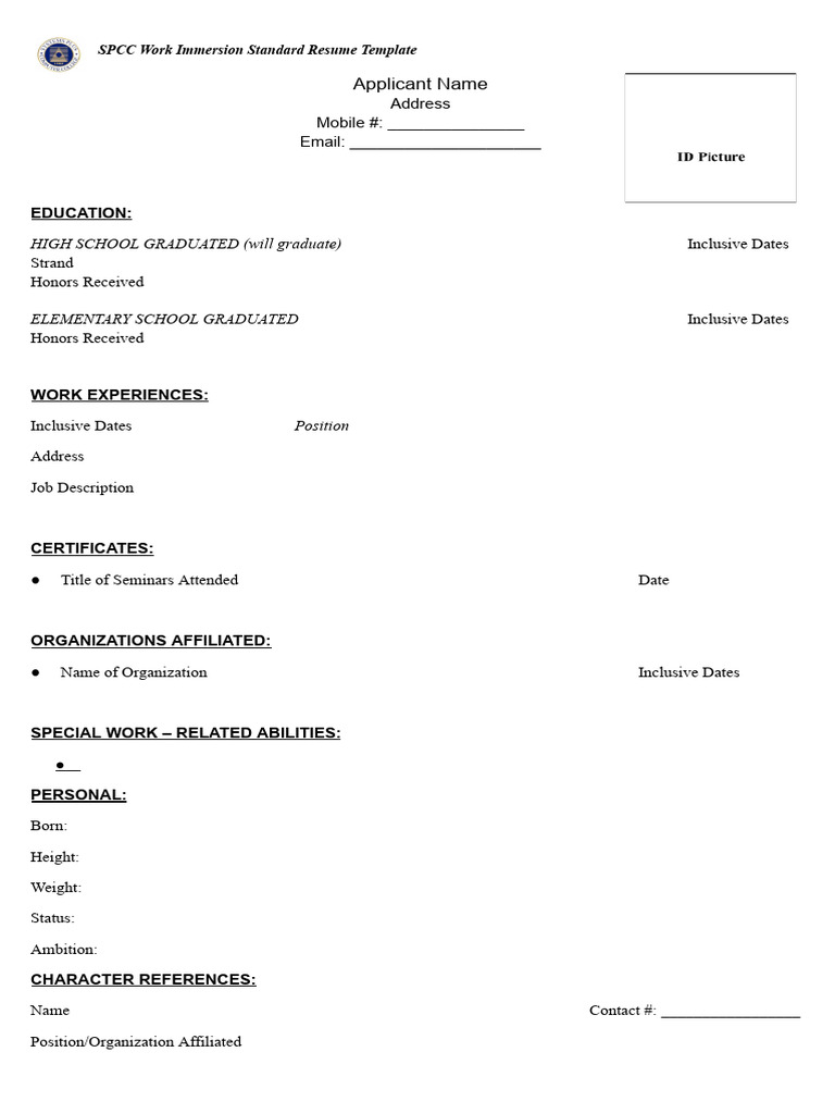 SPCC Work Immersion Resume Template | PDF | Career & Growth | Business