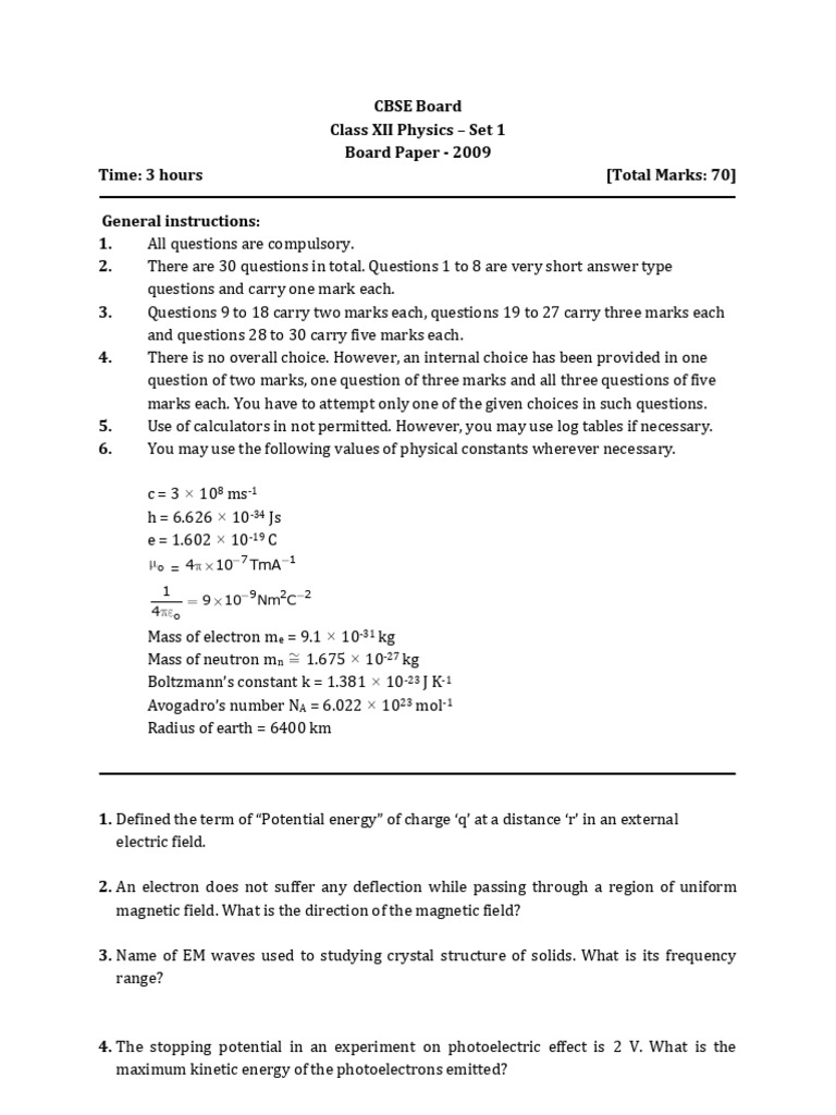 CBSE Class XII Physics 2009 Paper | PDF | Capacitor | Electromagnetic ...