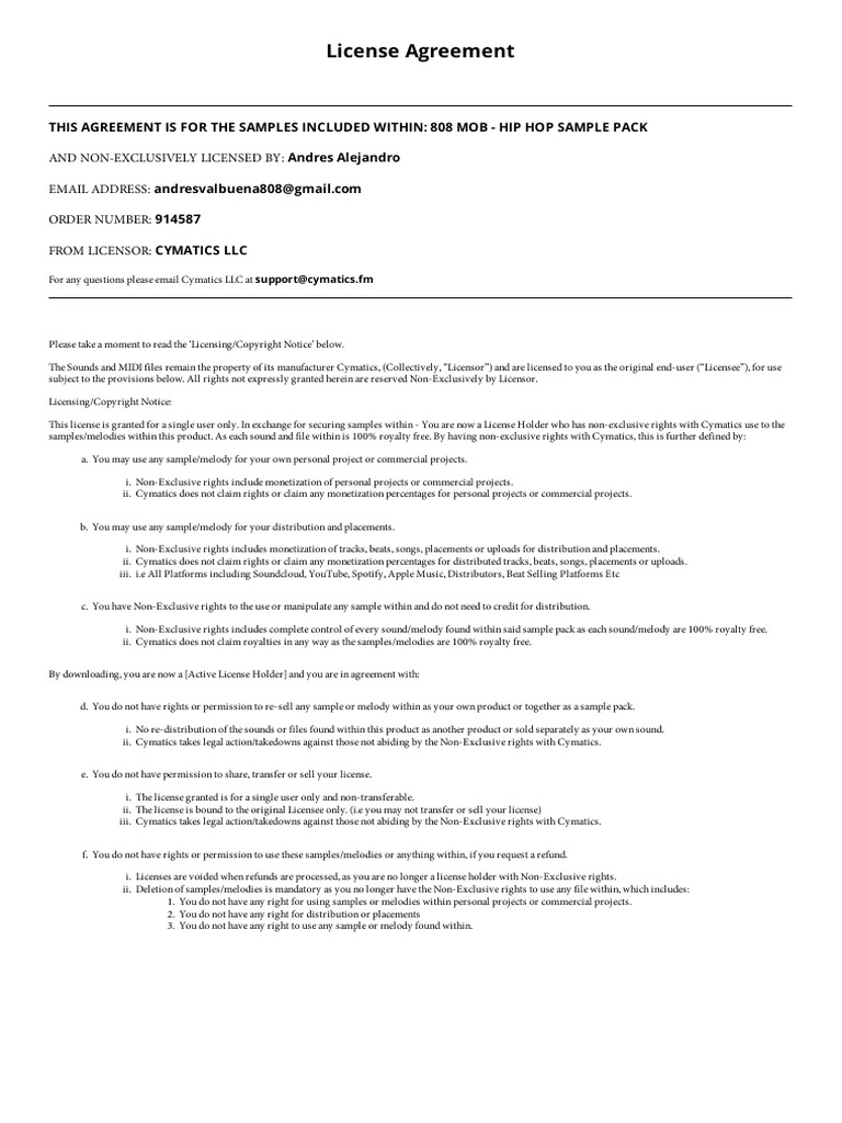 808 Mob Hip Hop Sample License Agreement | PDF | License | Intellectual ...
