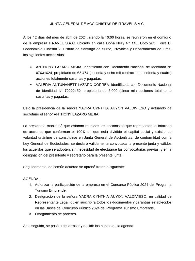Junta General de ITRAVEL S.A.C. 2024 | PDF | Gobierno