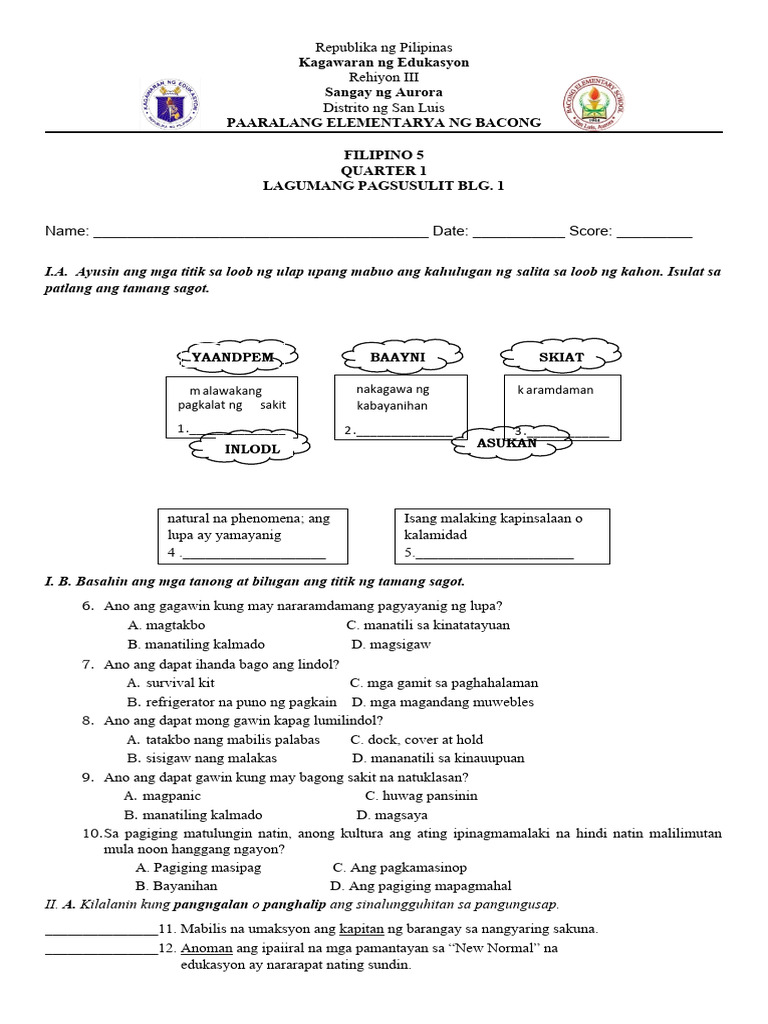 V1 Summative Test Filipino 5 Quarter 1 Pdf