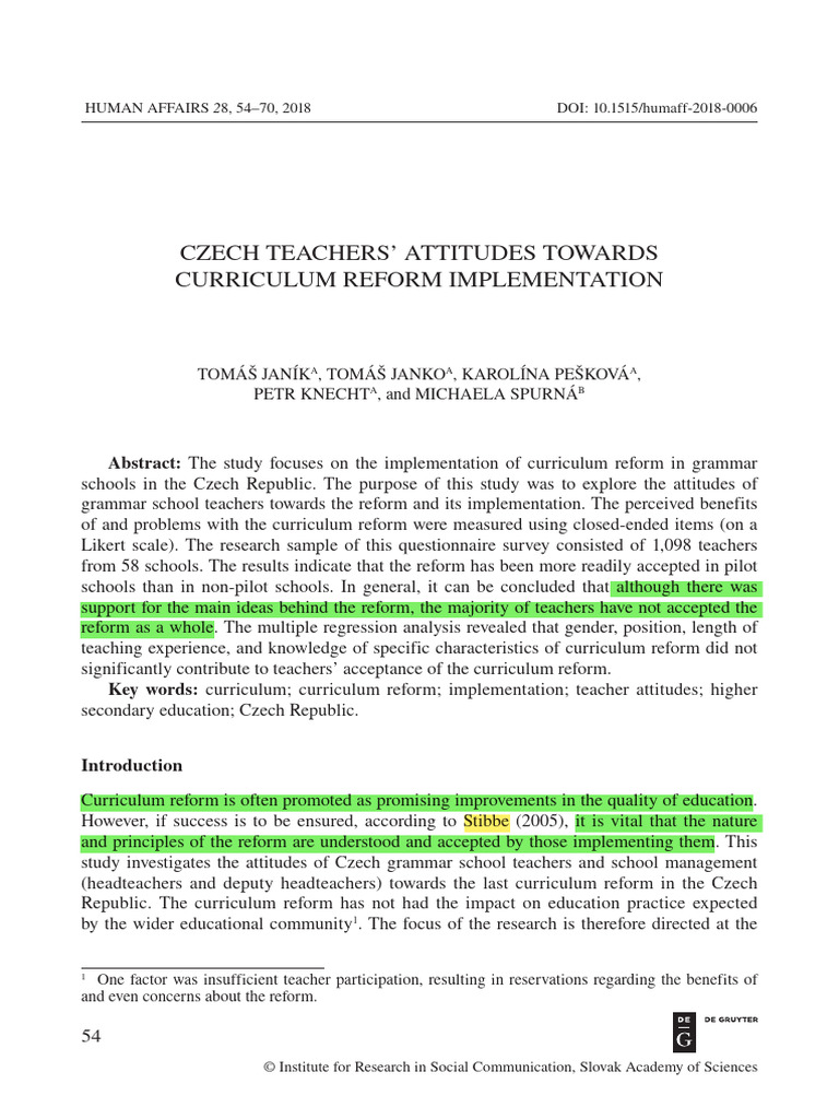 Czech Teachers' Views on Curriculum Reform | PDF | Attitude (Psychology ...