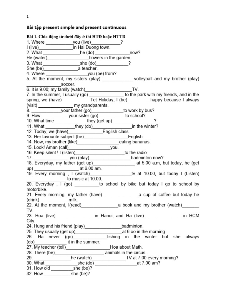Bài tập present simple and present continuous | PDF | Drink