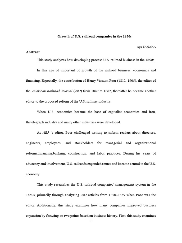 Aya tanaka growth of u s railroad companies in the 1850s pdf