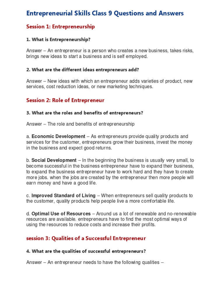 Entrepreneurial skills class 9 questions and answers pdf