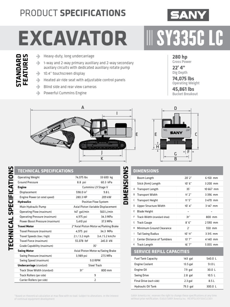 SANY SY335C Excavator Specifications | PDF | Vehicle Technology ...