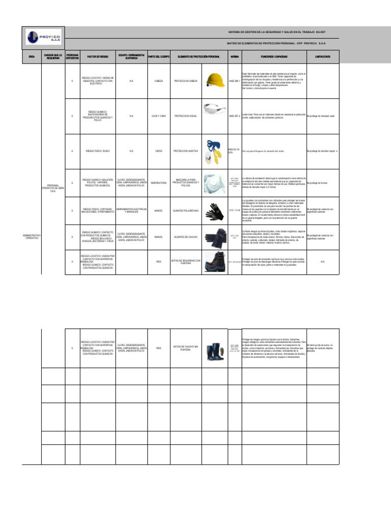 Copia de 2. Matriz de EPP | PDF | Agua | Guante