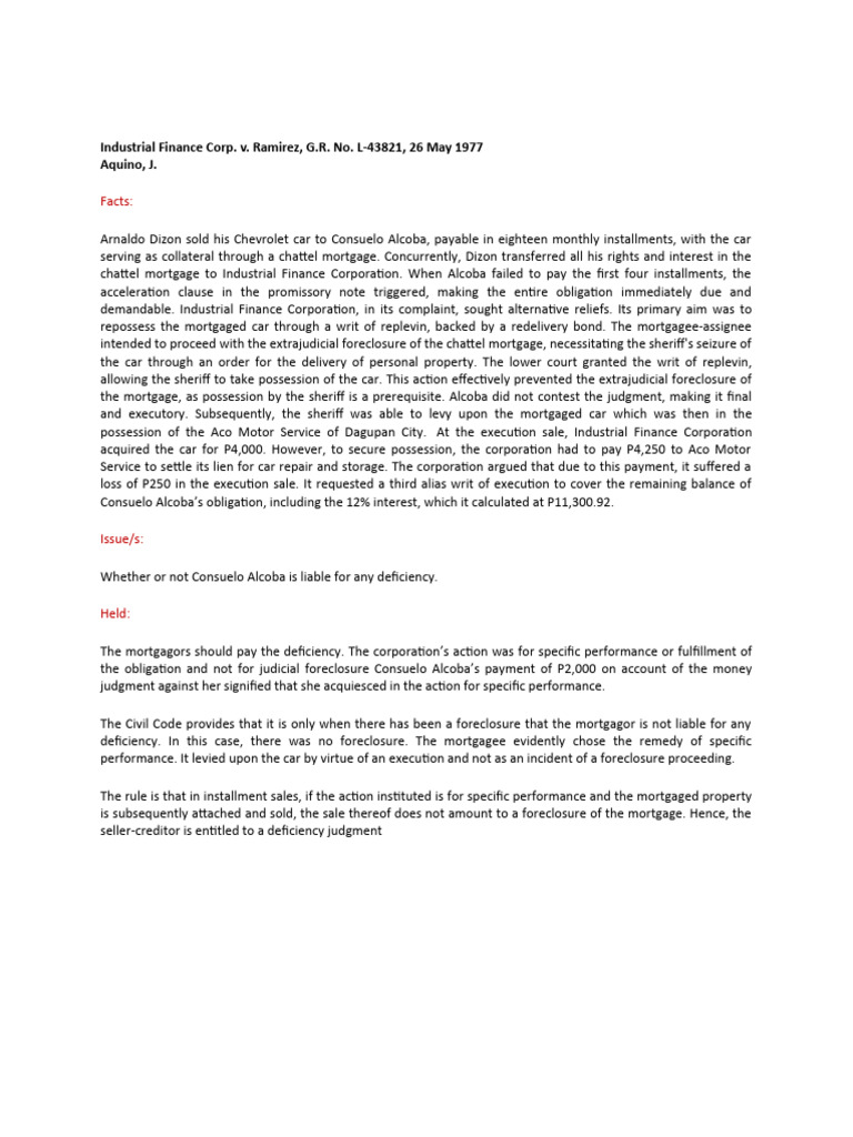 Deficiency Judgment in Chattel Mortgage Case | PDF | Foreclosure ...