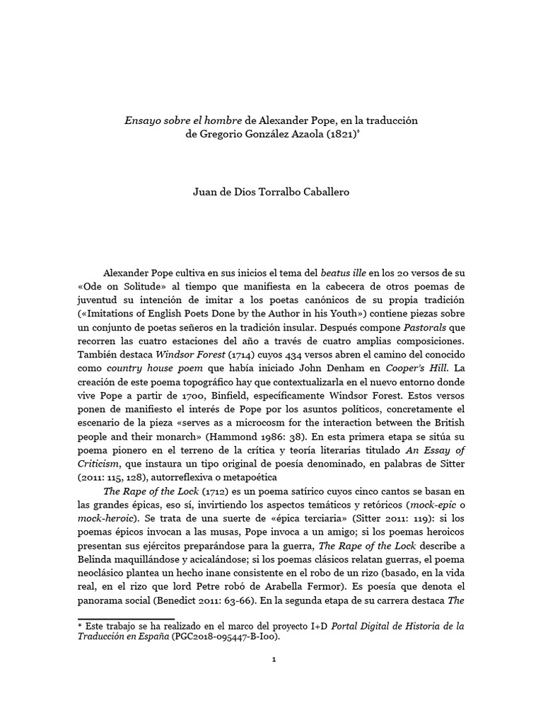 Ensayo Sobre El Hombre de Alexander Pope en La Traduccion de Gregorio
