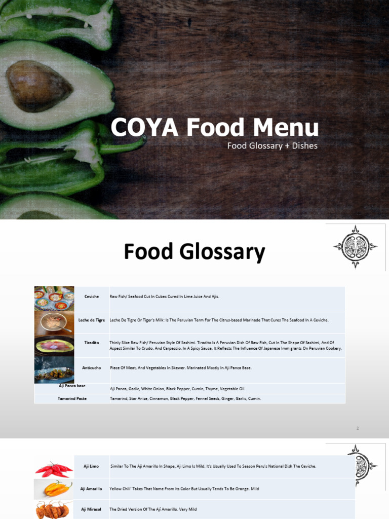 COYA Peruvian Food Menu Overview | PDF | Sushi | Capsicum