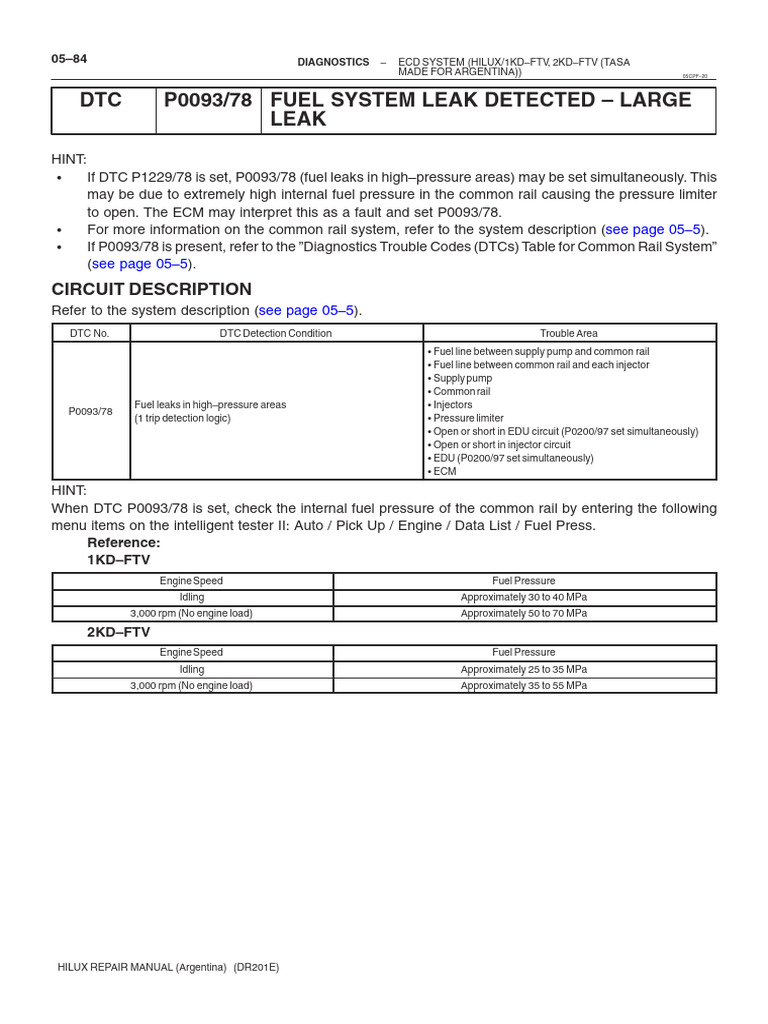 DTC P0093/78 Fuel System Leak Detected Large Leak Circuit