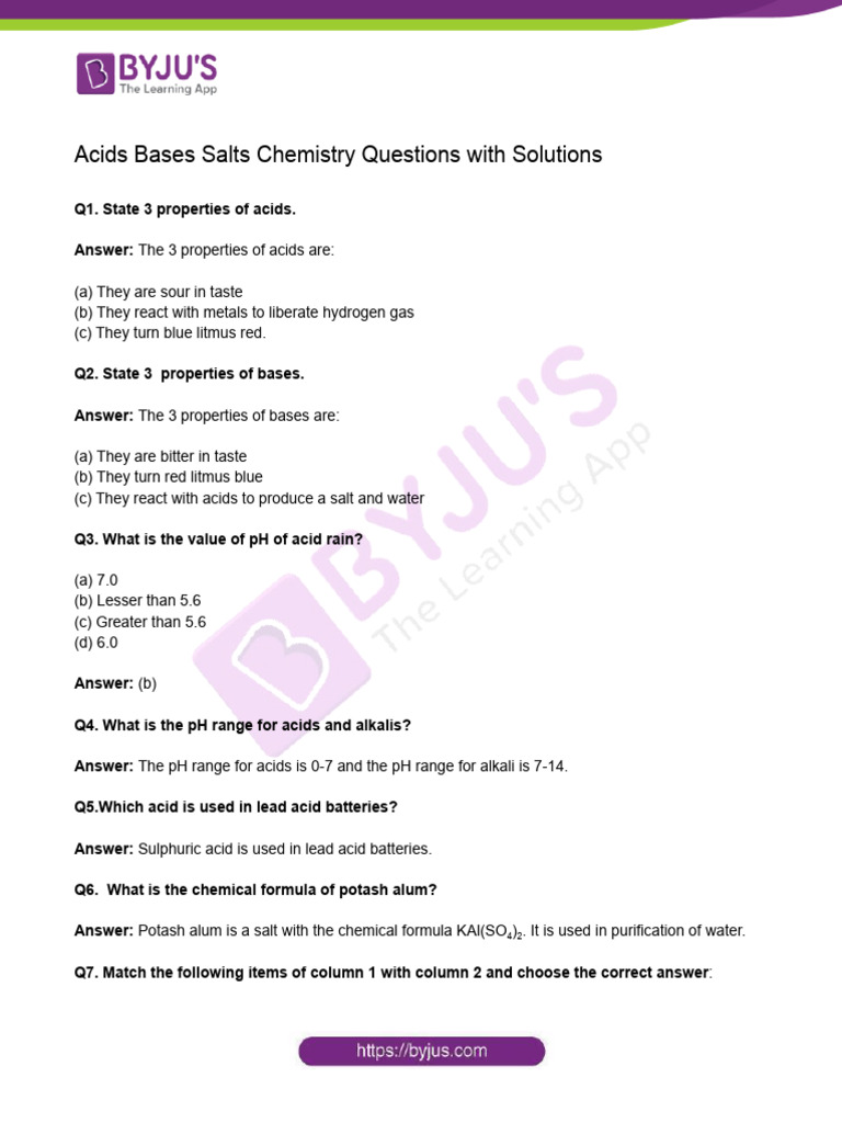 Acids Bases Salts Questions | PDF | Acid | Sodium Hydroxide