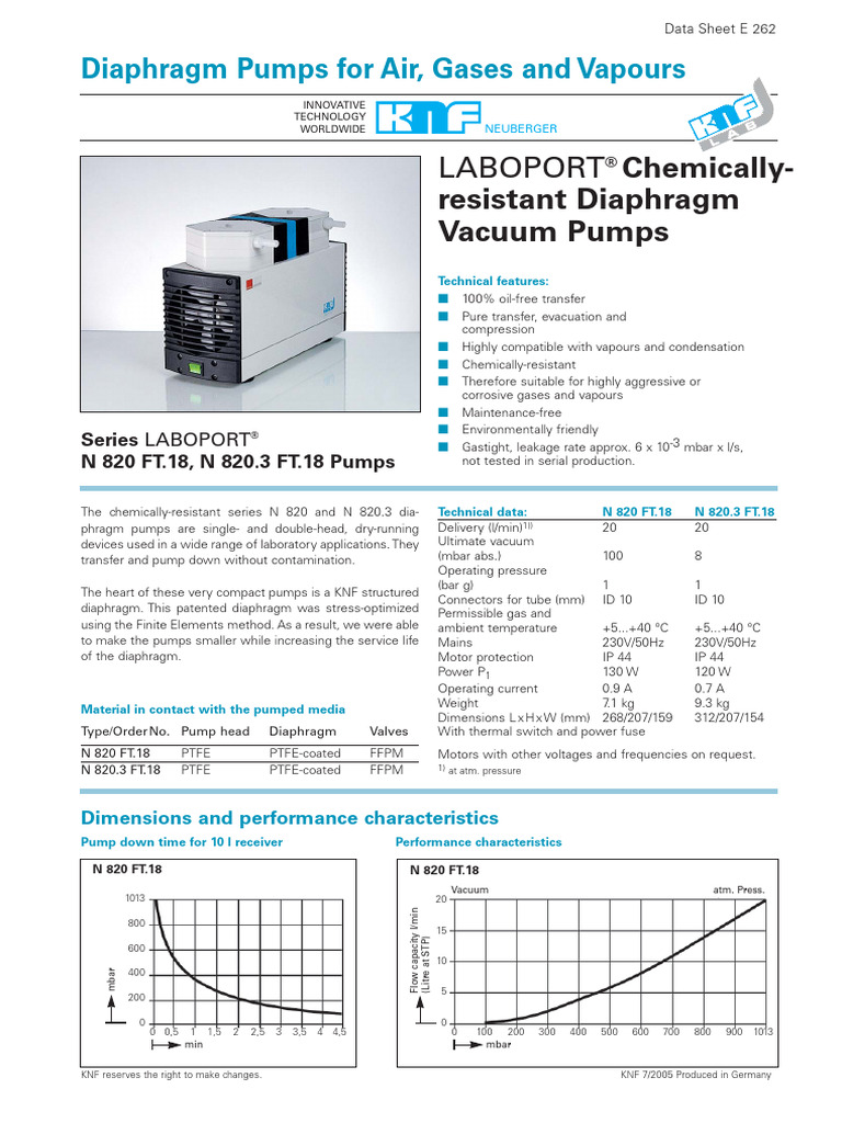 Vacuum Pump, KNF, N 820 3FT.18 Data Sheet | Download Free PDF | Vacuum ...