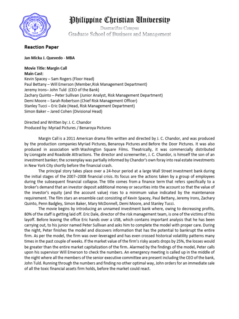 Quevedo jan micka j reaction paper margin call pdf economies