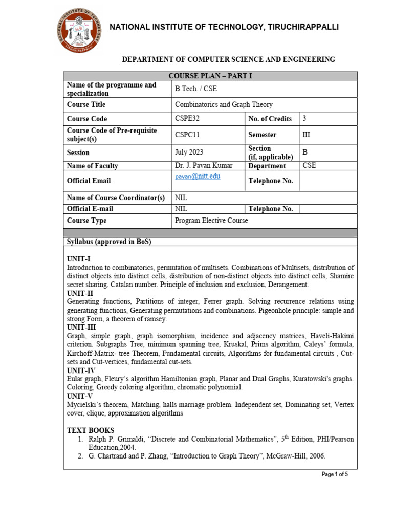 Combinatorics and Graph Theory Course Plan | PDF | Combinatorics ...