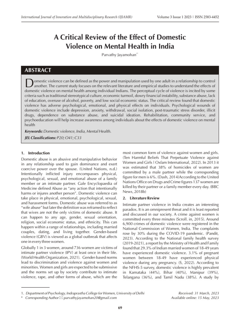 A Critical Review Of The Effect Of Domestic Violence On Mental Health