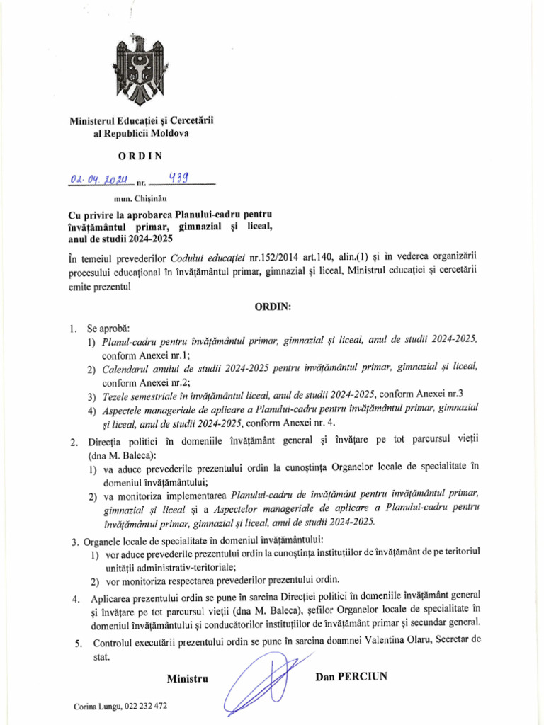 Ordinul Mec Cu Privire La Planul Cadru 2024-25 Ru | PDF