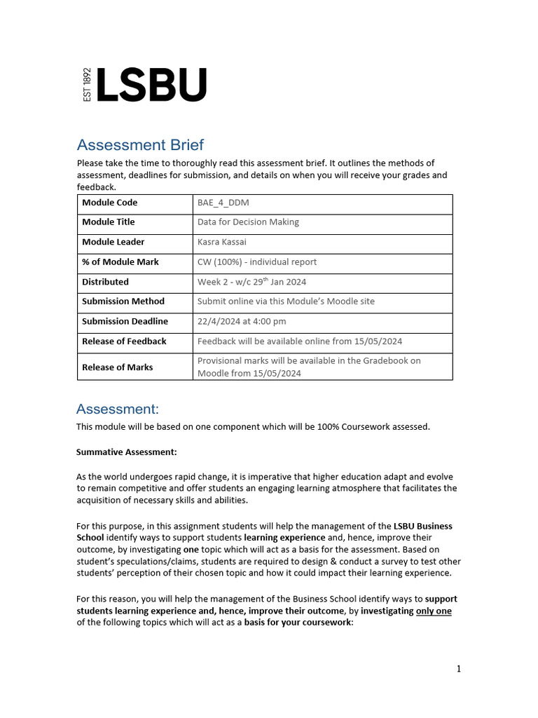 LSBU Data for Decision Making Brief | PDF | Analytics | Computing