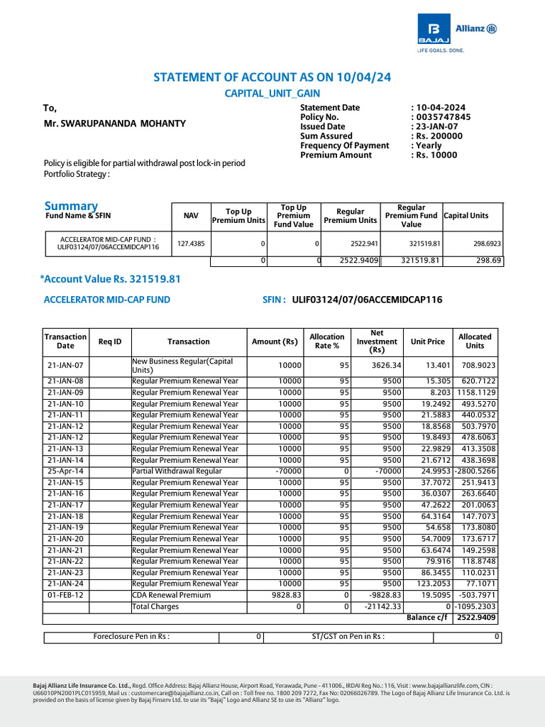 Bajaj Allianz Capital Unit Gain Statement | PDF | Taxes | Insurance