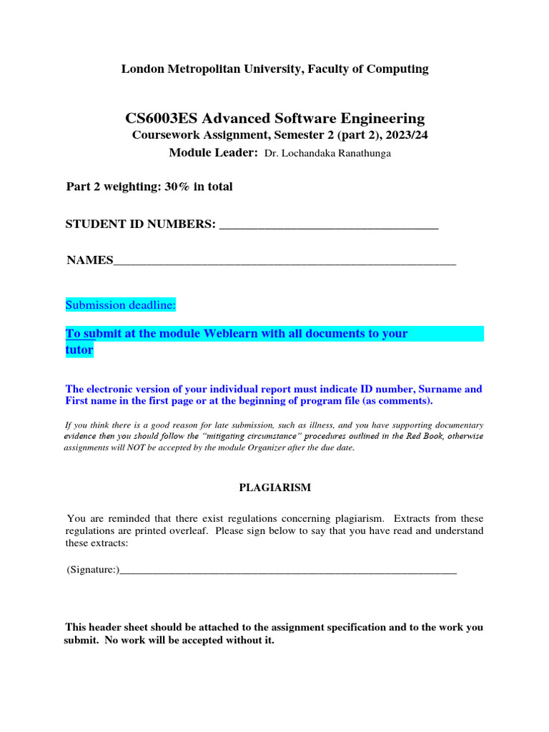Advanced Software Eng. Project Plan | PDF | Plagiarism | Computing
