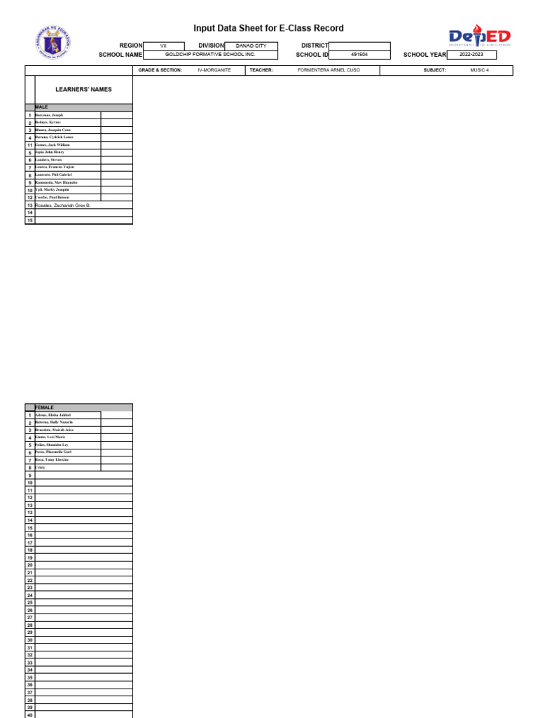 Class record in mapeh 4 q3 2023 2024 pdf