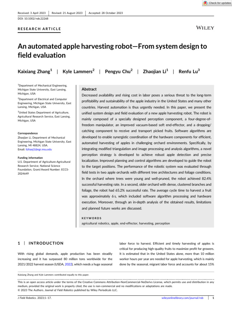 Journal of Field Robotics 2023 Zhang An Automated Apple