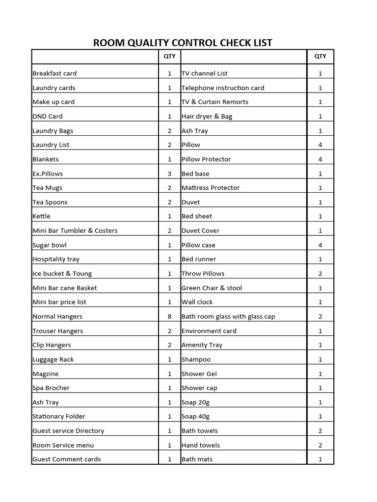 Hotel Room Amenities Checklist | PDF
