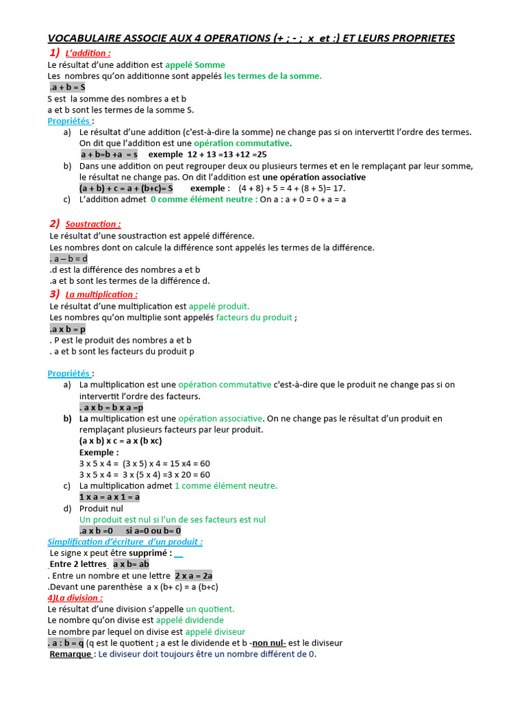 Vocabulaire des 4 opérations mathématiques | PDF | Division | Somme ...