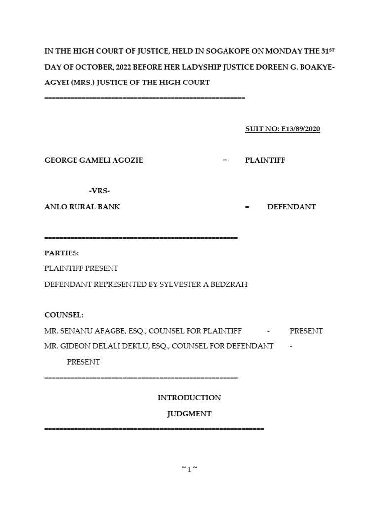 High Court Case: George Agozie vs. Anlo Rural Bank | PDF | Burden Of ...